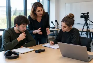 Deux étudiants travaillent avec une formatrice dans une salle de formation au journalisme équipée de matériel de reportage.